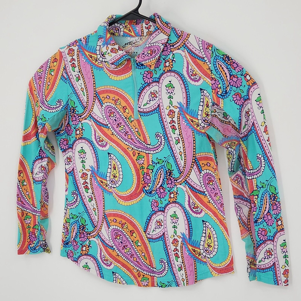 Gottex Lifestyle Top Blue Poolside UPF50+ Moc Neck with Zipper Paisley Large - Picture 3 of 12